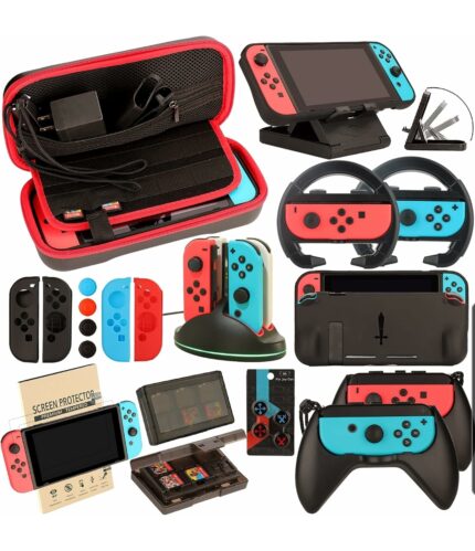 Switch Accessories Bundle for Nintendo Switch: Carrying Case, Screen Protector, Joycon Grips, Steering Wheels, Charging Dock, Playstand, Comfort Joy-Con Case and More (23 in 1)