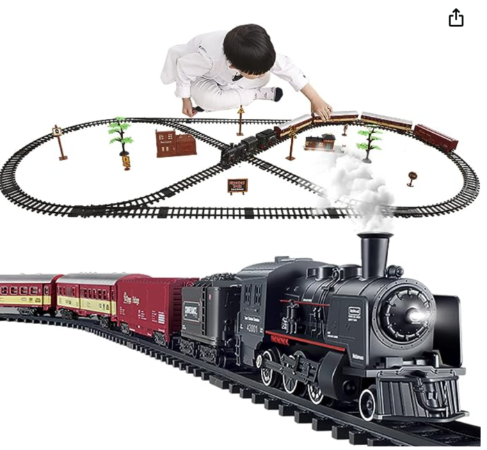 TEMI Electric Classical Train Set with Steam Locomotive Engine, Cargo Car and Long Track, Battery Power Play Set w/Smoke, Light and Sounds, for Boys & Girls 3 4 5 6 7 Years